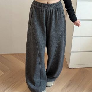 胖mm显瘦休闲弯刀裤 深灰色毛呢阔腿裤 大码 冬加厚梨形报恩裤 子女款