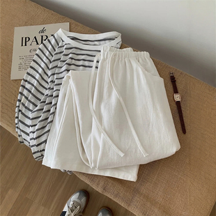 老钱风白色亚麻阔腿裤 子宽松bf慵懒风秋季 大码 女胖mm直筒休闲长裤