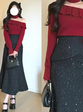 黑色鱼尾重工亮片半身裙女款胖mm大码显瘦包臀长裙梨形伯克利裙子