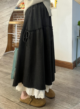 深灰色蕾丝拼接毛呢半身裙长款女秋冬a字大码胖mm设计感花边伞裙