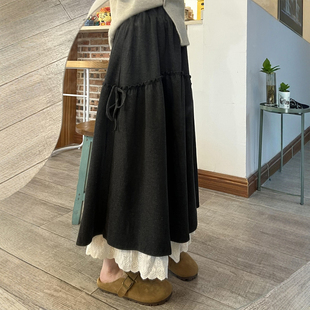 深灰色蕾丝拼接毛呢半身裙长款 胖mm设计感花边伞裙 女秋冬a字大码