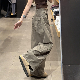 军绿色工装 胖mm阔腿休闲镰刀裤 弯刀裤 设计感大码 女酷飒风秋季 美式