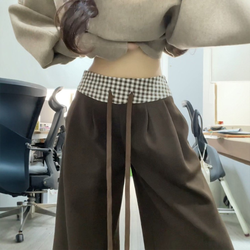 复古美式咖色美拉德棕裤子大码格子拼接阔腿裤2026正流行运动裤春,女装/女士精品,大码裤装,淘宝优惠券,粉丝福利购,淘宝优惠卷