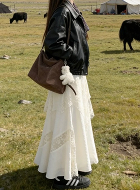 不规则重工蕾丝拼接月光裙女款白色半身裙大码胖mm梨形伯克利裙子