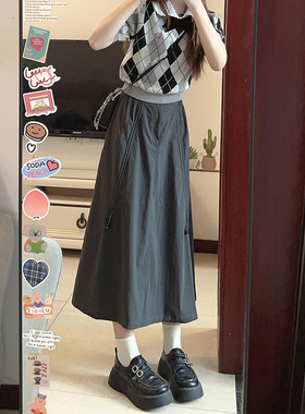 美式灰色工装裙女款小个子长裙遮肚显瘦胖mm大码a字速干半身裙子