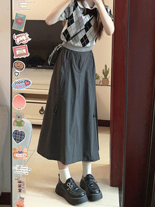 美式灰色工装裙女款小个子长裙遮肚显瘦胖mm大码a字速干半身裙子