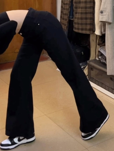 子小个子弹力喇叭马蹄裤 高腰显瘦胖mm裤 女春秋大码 黑色微喇牛仔裤