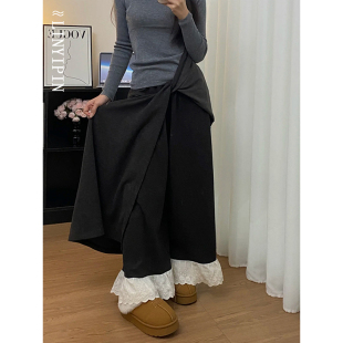 女胖mm阔腿显瘦休闲裙裤 设计感深灰色花边蕾丝拼接阔腿裤 裙秋大码