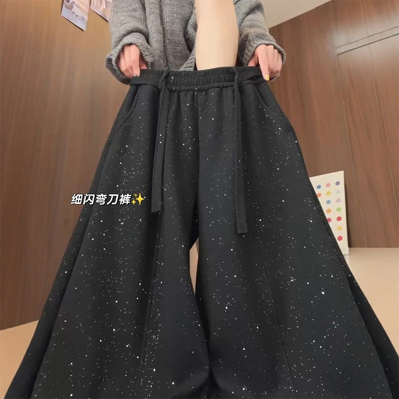 黑色烫钻弯刀裤女款阔腿运动镰刀亮片裤子胖mm大码今年流行梧桐裤,女装/女士精品,大码裤装,淘宝优惠券,粉丝福利购,淘宝优惠卷