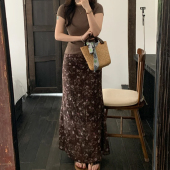 胖mm直筒a字半裙 雪纺包臀纱裙大码 韩系碎花咖色半身裙女夏季 长款