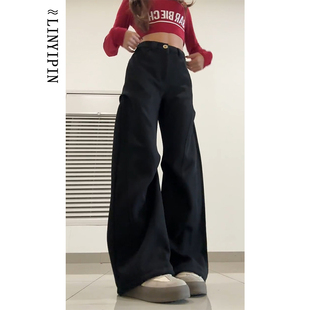 子女显瘦直筒阔腿褶皱弯刀裤 黑色西装 炸街酷飒拽姐裤 胖mm大码 潮 裤