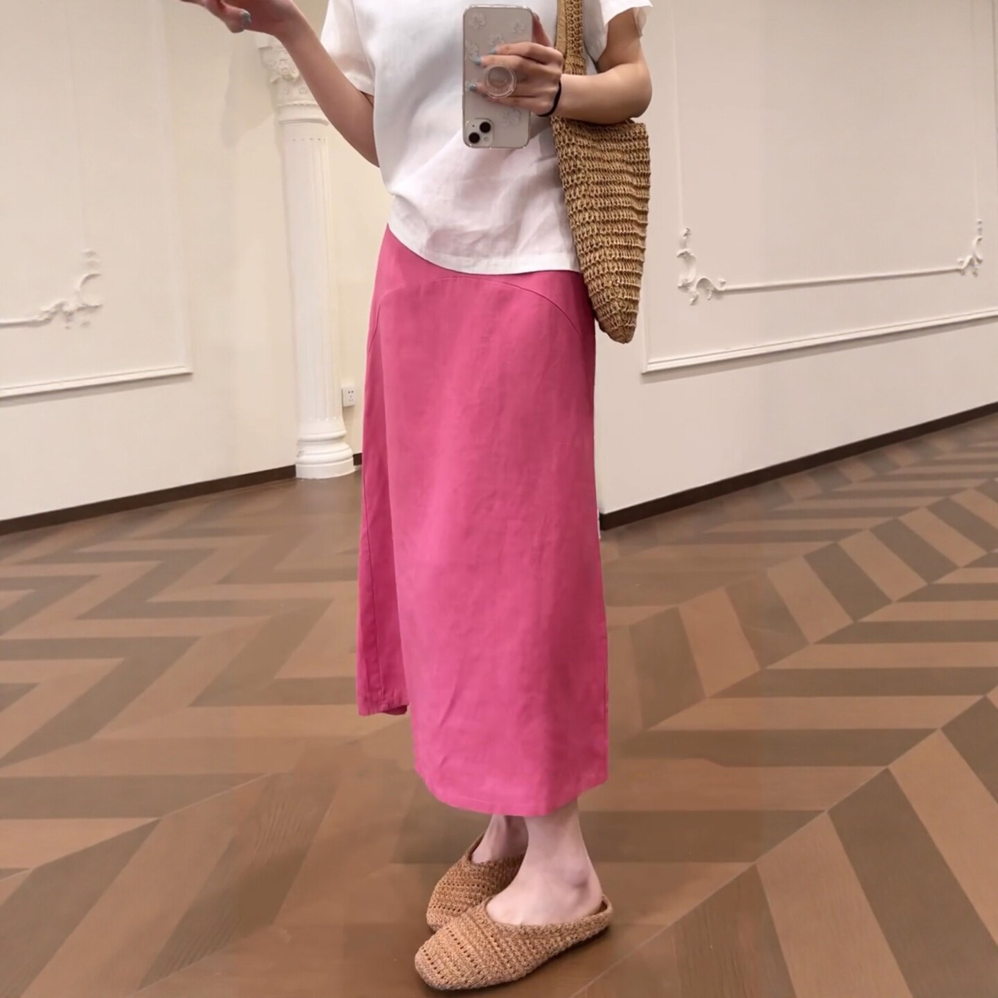 玫粉色亚麻半身裙女夏季炸街独特漂亮半裙大码胖mm梨型伯克利裙子