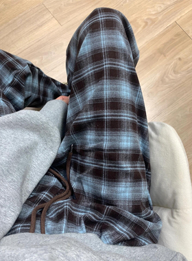 咖蓝色格子裤女2026新款宽松bf慵懒风春季大码胖mm休闲加绒阔腿裤