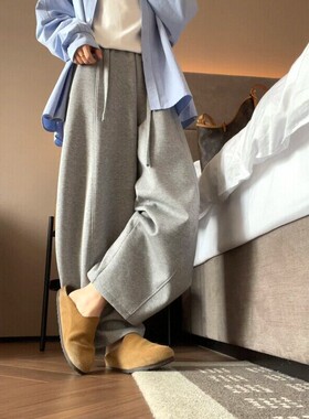 休闲灰色大码弯刀裤子2026春女装新款阔腿裤宽松慵懒风镰刀运动裤