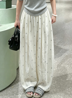 杏白色弯刀印花阔腿裤子夏薄款大码女装胖mm老钱风冰丝休闲梧桐裤