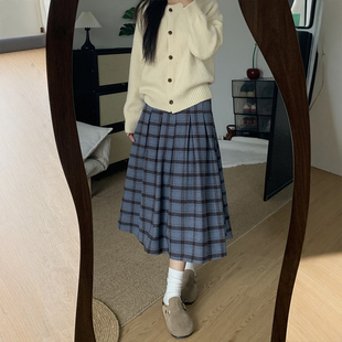 复古学院风蓝色格子半身裙长款 女超好看裙子百褶高腰a字伞裙 大码