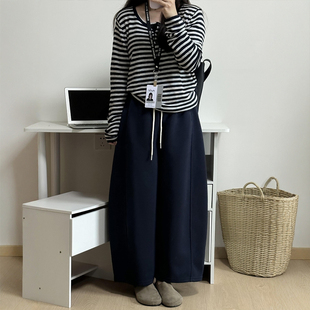 穿搭休闲弯刀裤 女胖mm显瘦秋季 子大码 藏青色韩系慵懒风阔腿运动裤