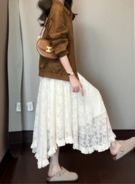 白色不规则蕾丝半身裙女春装大码胖mm梨形身材显瘦a字长款蛋糕裙
