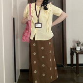 a字直筒包臀长裙 胖mm中式 老钱风咖色印花亚麻半身裙女夏薄款 大码