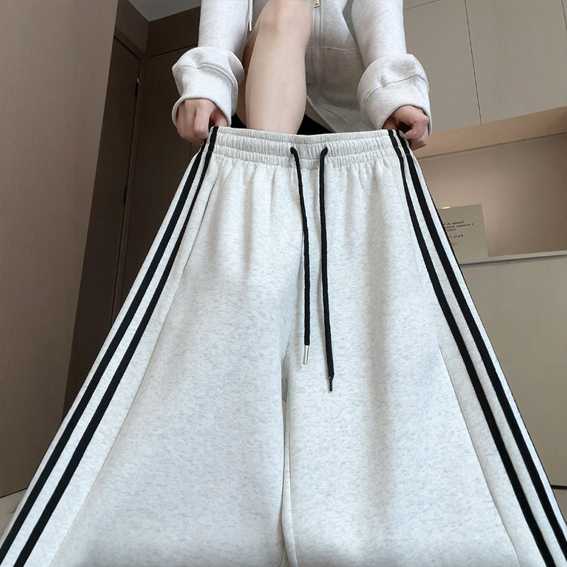 加绒白灰色运动裤女大码胖mm春秋宽松阔腿卫裤慵懒松弛条纹直筒裤