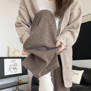 女胖mm慵懒风秋冬软糯休闲阔腿裤 加绒美拉德咖色针织糯米裤 子大码