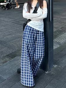 韩系蓝色慵懒风格子裤子女胖mm大码显瘦秋季垂感格纹拖地阔腿裤潮