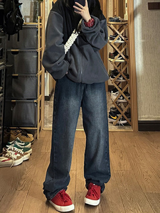 美式复古蓝灰色直筒牛仔裤大码梨形身材女裤子遮胯显瘦高腰阔腿裤