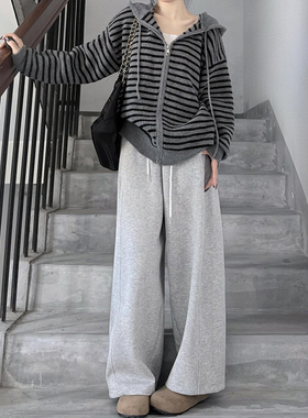 加绒格雷系灰色运动裤女款大码胖mm休闲阔腿香蕉卫裤小个子弯刀裤