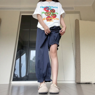 胖mm慵懒风九分速干阔腿花苞裤 大码 子女夏季 藏青色束脚花边灯笼裤
