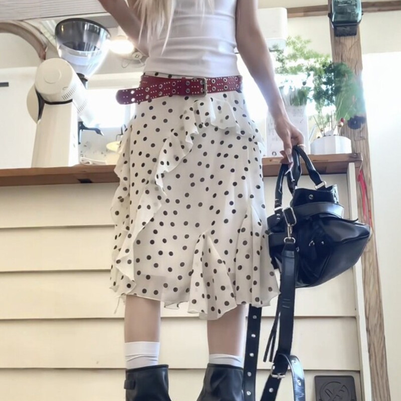 荷叶边白色波点半身裙不规则中长款裙子女春复古大码设计感a字裙