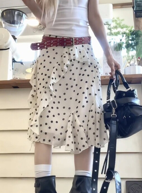 荷叶边白色波点半身裙不规则中长款裙子女春复古大码设计感a字裙