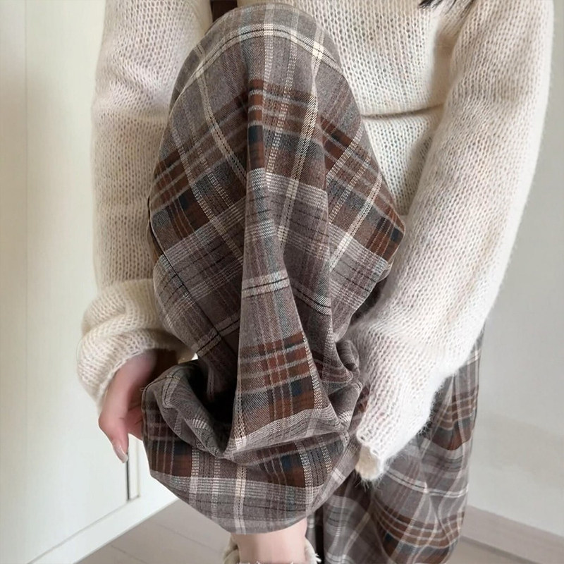 美拉德咖色格子裤女垂感梨型身材阔腿裤宽松慵懒风大码显瘦休闲裤,女装/女士精品,大码裤装,淘宝优惠券,粉丝福利购,淘宝优惠卷