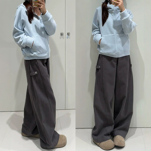 上身直接美一跳的灰色工装弯刀裤