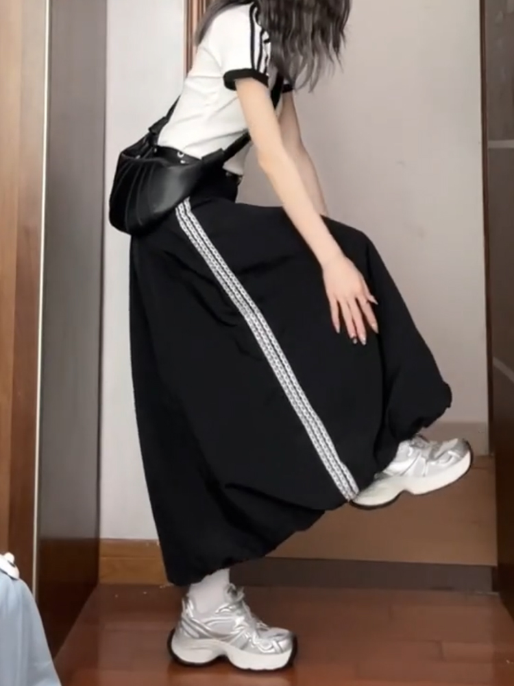 黑色条纹花边半身裙女大码胖mm遮肚藏肉长裙梨形身材日系花苞裙子