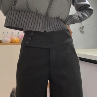 裤 女款 毛呢阔腿拖地裤 2025新款 休闲裤 深灰色加绒西装 大码 子 秋冬装