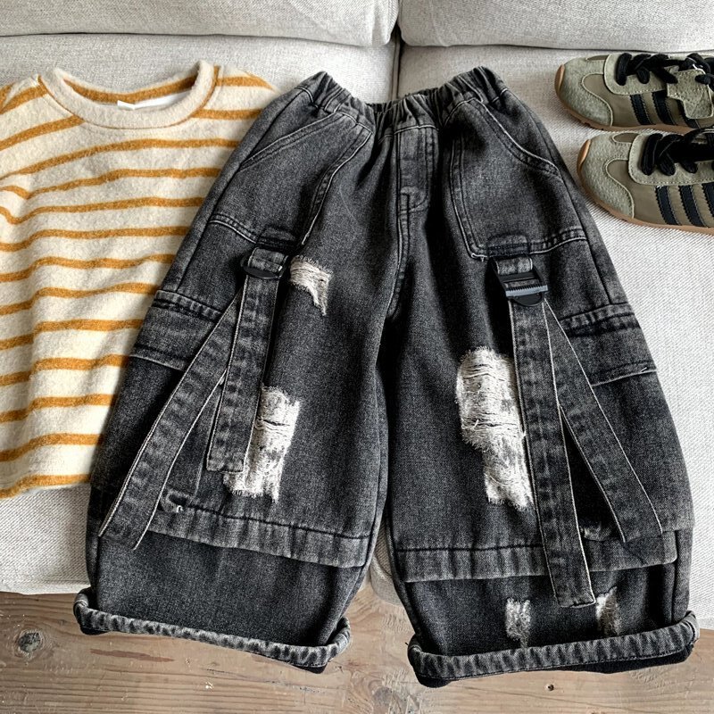 2025男童冬装新款假破洞加绒牛仔裤中小童女宝宝复古加厚休闲时尚