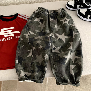 儿童美式复古设计感满印星星迷彩牛仔裤子男童宽松bf慵懒风拖地裤