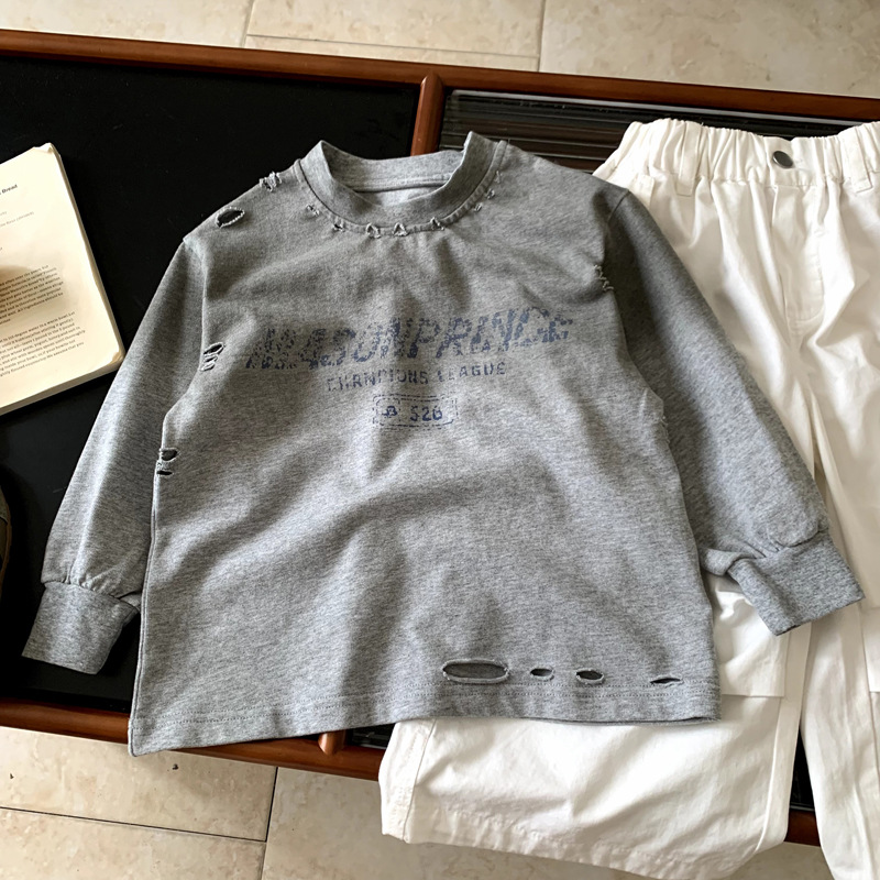 男童长袖正肩T恤2025春秋新款打底衫中小童休闲百搭破洞字母上衣t