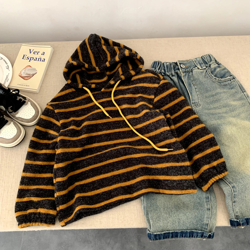 男童春秋时髦连帽针织卫衣2025年新款中小儿童女宝宝韩版条纹上衣