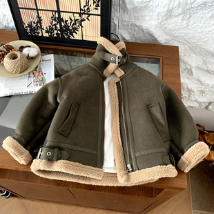 男童冬装加绒皮衣外套2025新款秋冬款中小儿童皮毛一体羊羔绒冬季