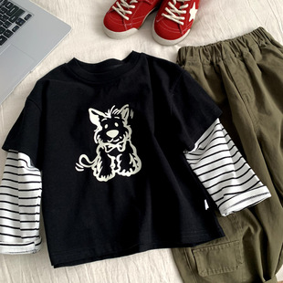 男童春秋装2026新款儿童韩版假两件长袖t恤中小童街头风上衣痞帅