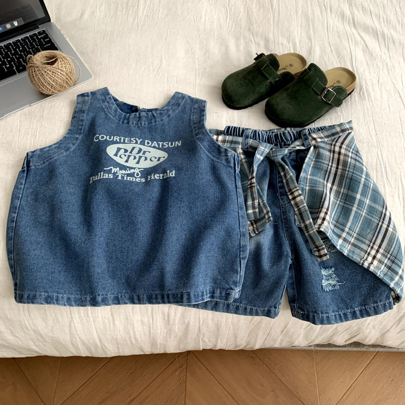 男童夏季新款背心套装2026儿童韩版软牛仔背心五分裤屁帘三件套潮