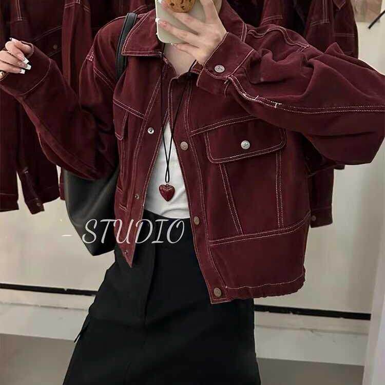 红色宽松工装夹克安可拉港风