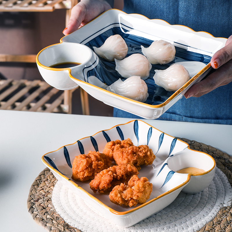 日式陶瓷饺子盘包子蒸饺蒸虾小吃早餐盘带醋碟寿司盘蘸料碟分格盘