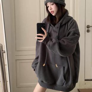 复古灰色连帽卫衣女秋冬加厚银狐绒宽松慵懒风外套潮 oversize美式