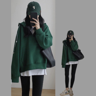 薄荷曼波绿色连帽卫衣女士外套2025新款爆款宽松中长款遮屁股上衣