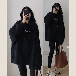 黑色连帽卫衣女秋冬遮屁股加绒2025新款欧货大版高个子中长款上衣