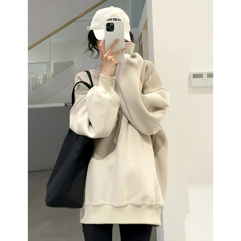 春秋薄款杏色卫衣女款2026新款爆款中长款秋冬加绒遮屁股外套上衣