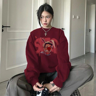 美式嘻哈风红色印花卫衣女2026新款慵懒风宽松圆领加绒中长款上衣