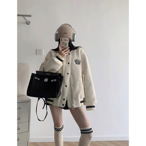 浅杏秋冬加绒加厚外套卫衣女开衫棒球服2023新款爆款宽松显瘦上衣